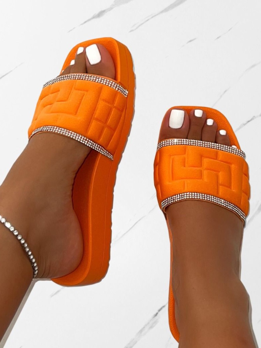 LW Waffle Design Rhinestone Decor Platform Slides
