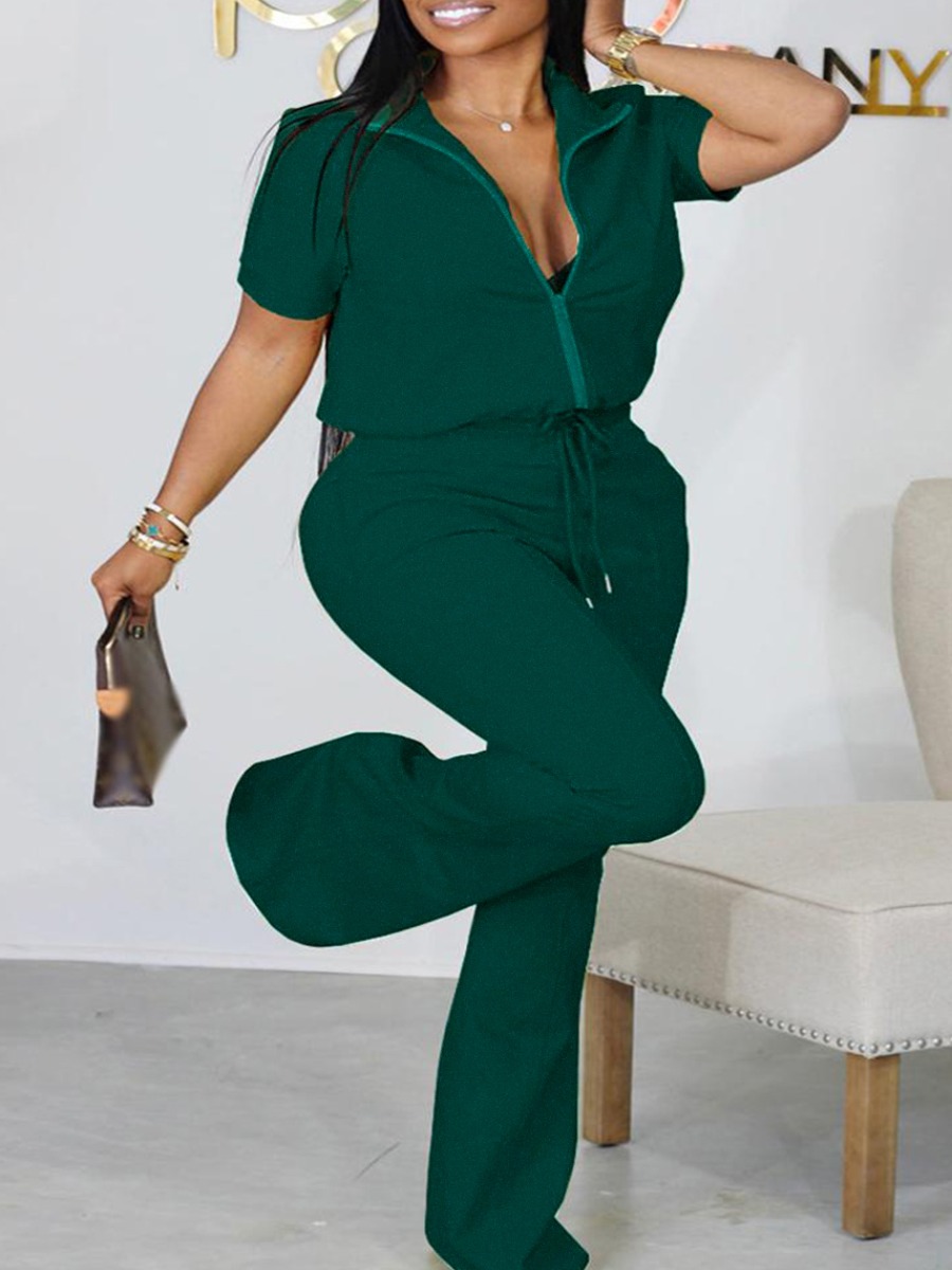 LW BASICS Zipper Design Drawstring Flared Pants Set
