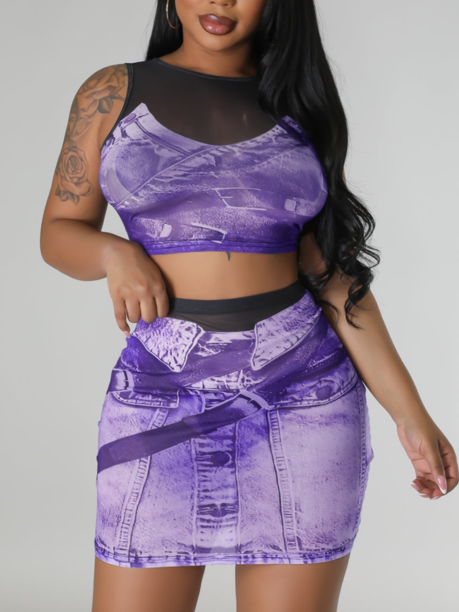 LW Imitation Denim Crop Top See Through Skirt Set