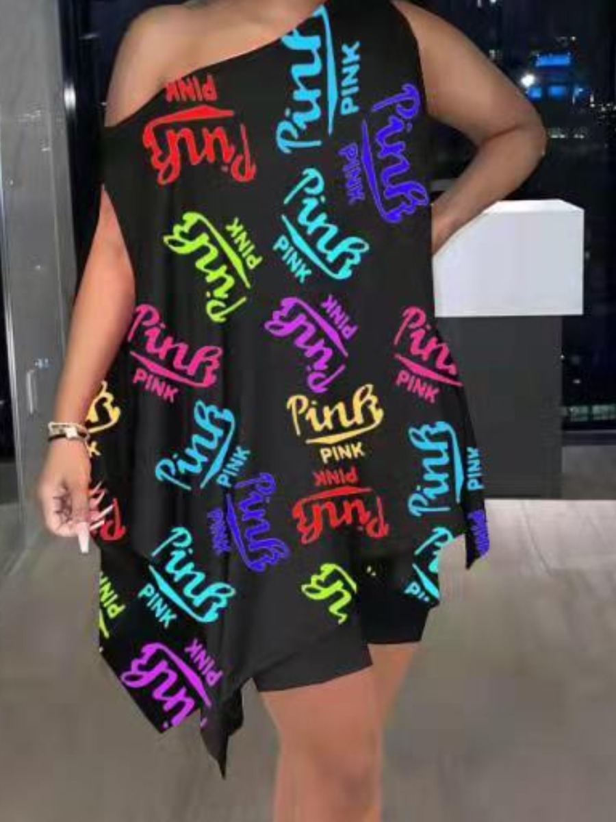 LW Plus Size One Shoulder Pink Letter Print T-shir