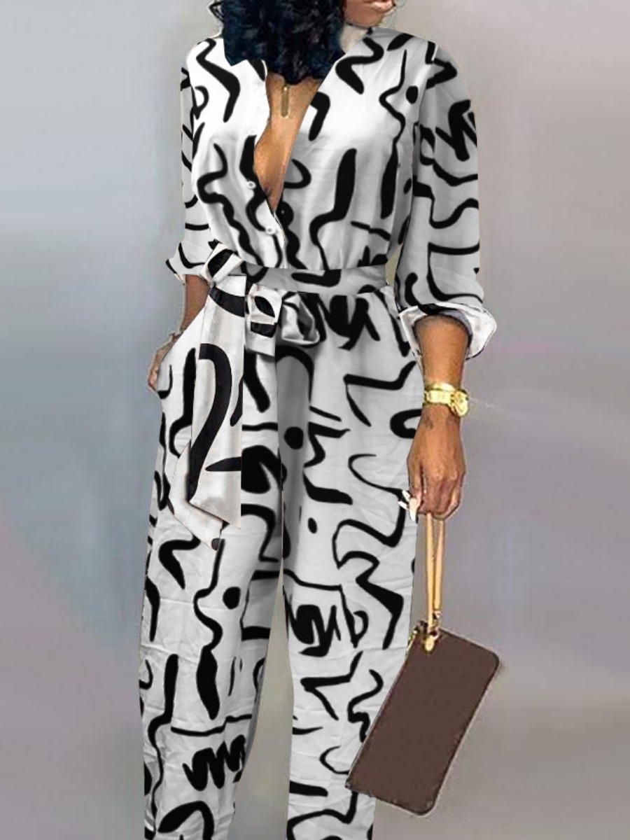 LW BASICS Plus Size Print Bandage Design Wide Leg Jumpsuit 4X