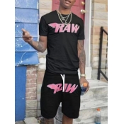 LW Men Letter Print Drawstring Shorts Set