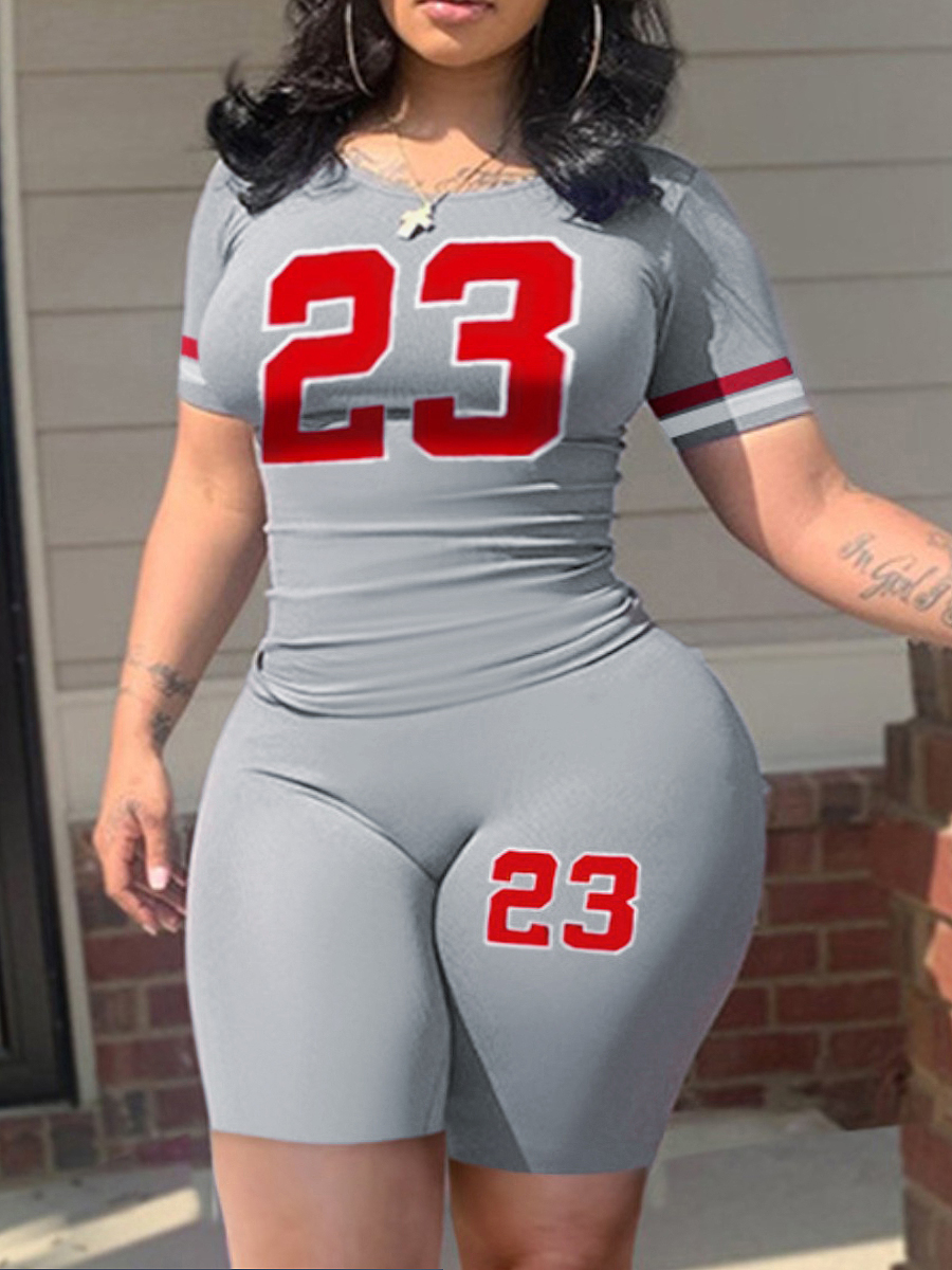 LW Plus Size Number 23 Print Striped Skinny Shorts Set
