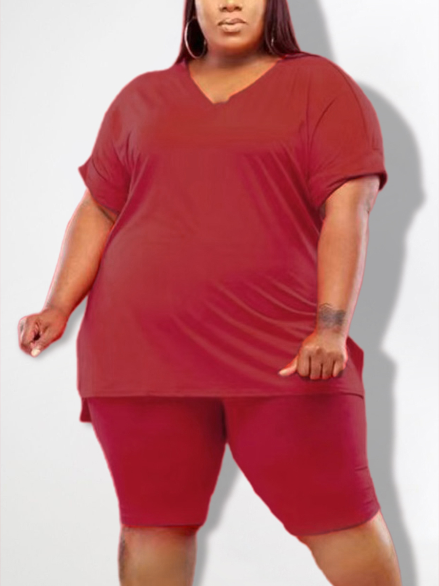 LW Plus Size Casual V Neck Split Red Two-piece Shorts Set