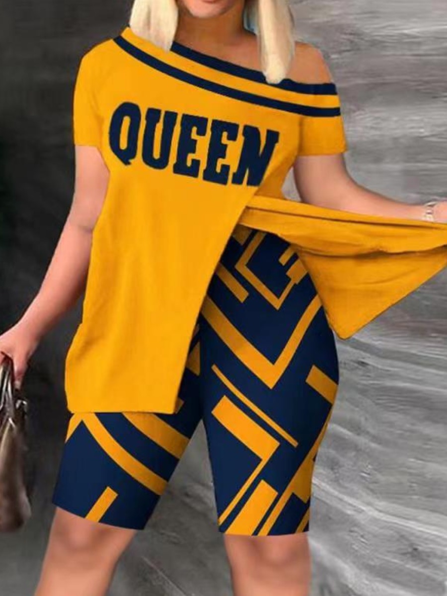 LovelyWholesale Plus Size One Shoulder Queen Letter Print Split Shorts Set Summer Short Sleeve Casual Split  3X Spring Summer 2024