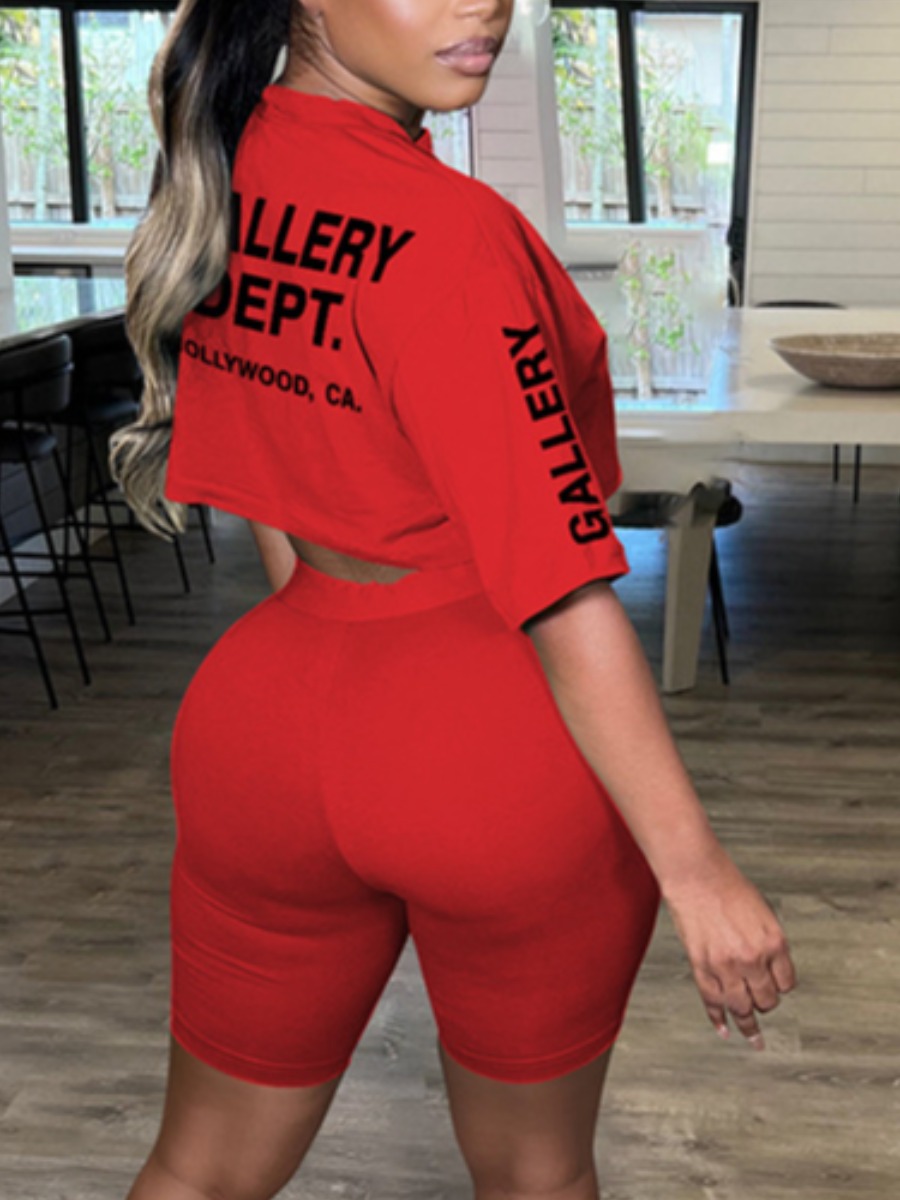 LW Crop Top Letter Print Shorts Set