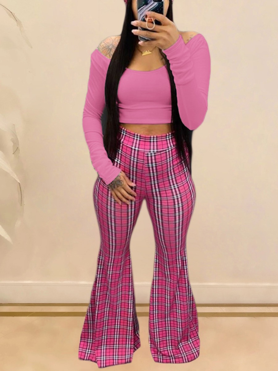 LW BASICS Off The Shoulder Crop Top Plaid Print Pa