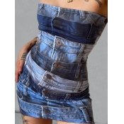 LW SXY Off The Shoulder Button Design Denim Print 