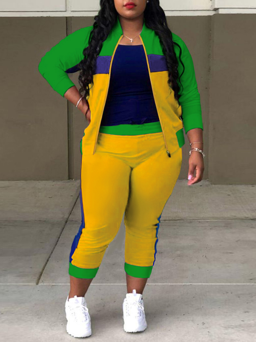 LW BASICS Plus Size Zipper Design Patchwork Pants Set