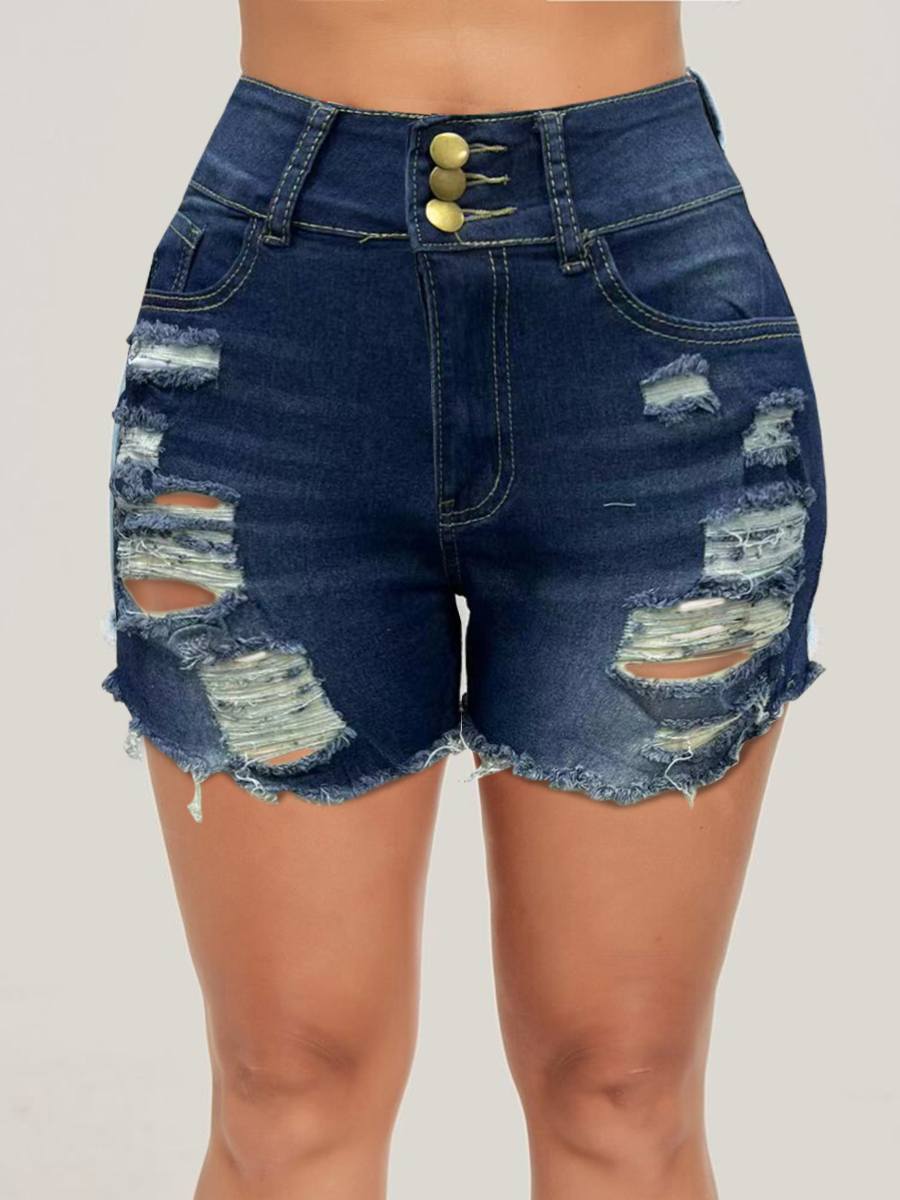 LW Mid Waist Ripped Raw Edge Stretchy Denim Shorts