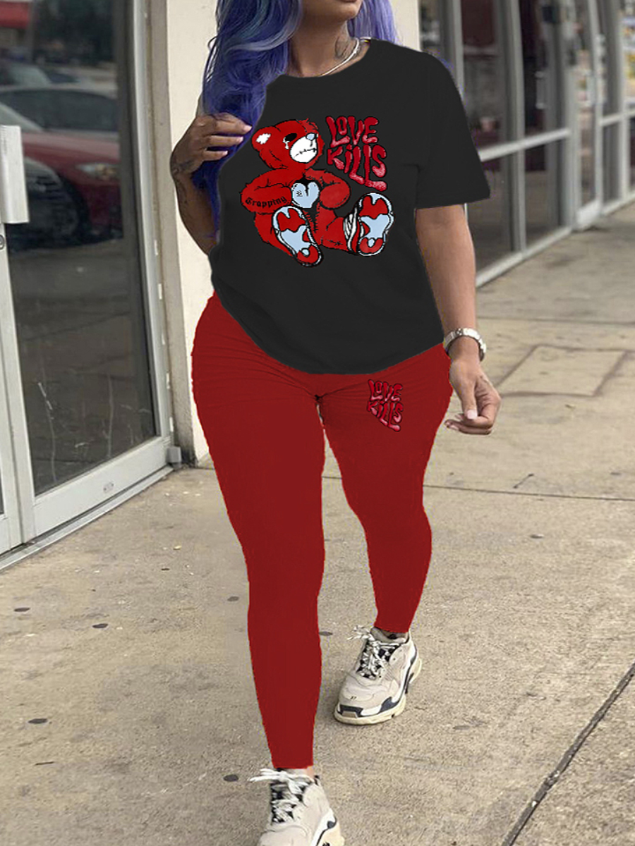 LW Plus Size Bear Cartoon Letter Print Pants Set