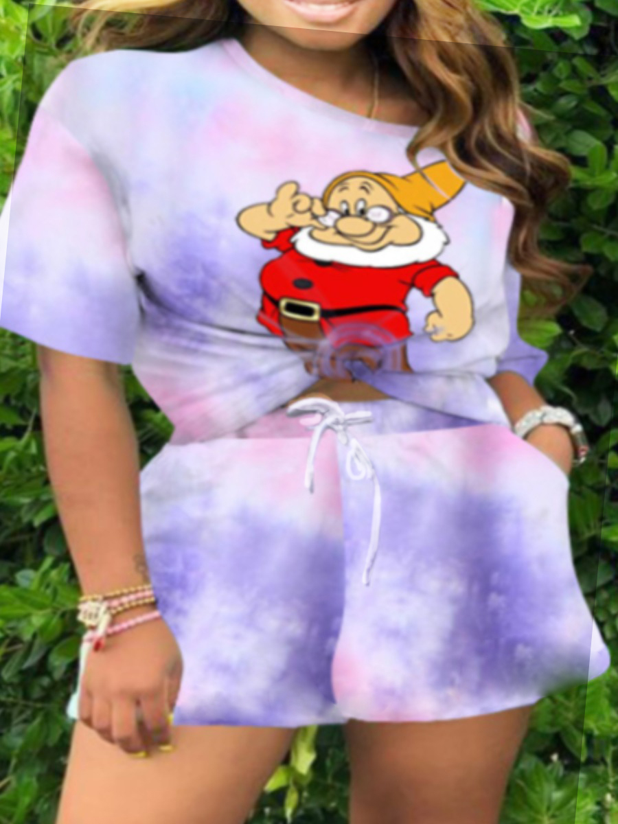 LW Plus Size Cartoon Print Tie Dye Drawstring Shorts Set