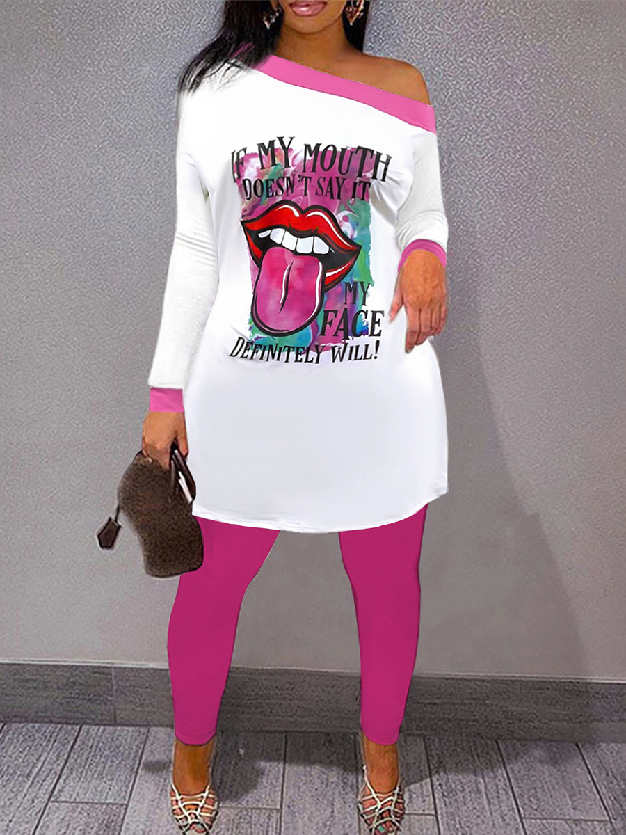 LW Plus Size One Shoulder Lip Letter Print Side Split Pants Set