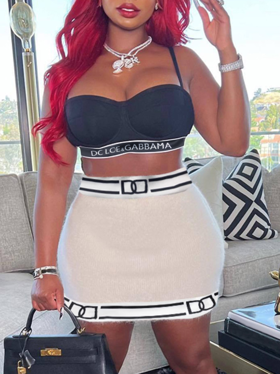 LW SXY Cami Letter Print Metal Accessories Decor Skirt Set