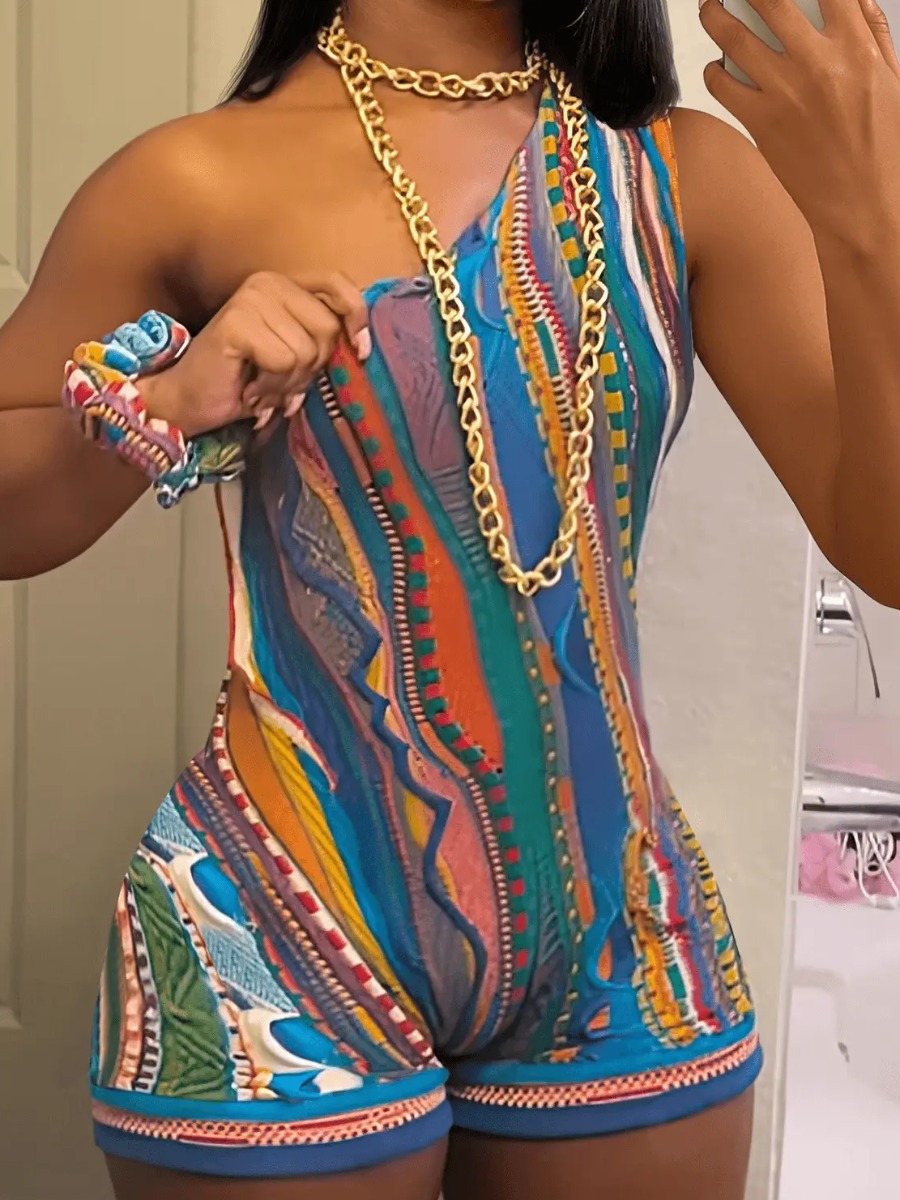 LW One Shoulder Tribal Mixed Print Romper