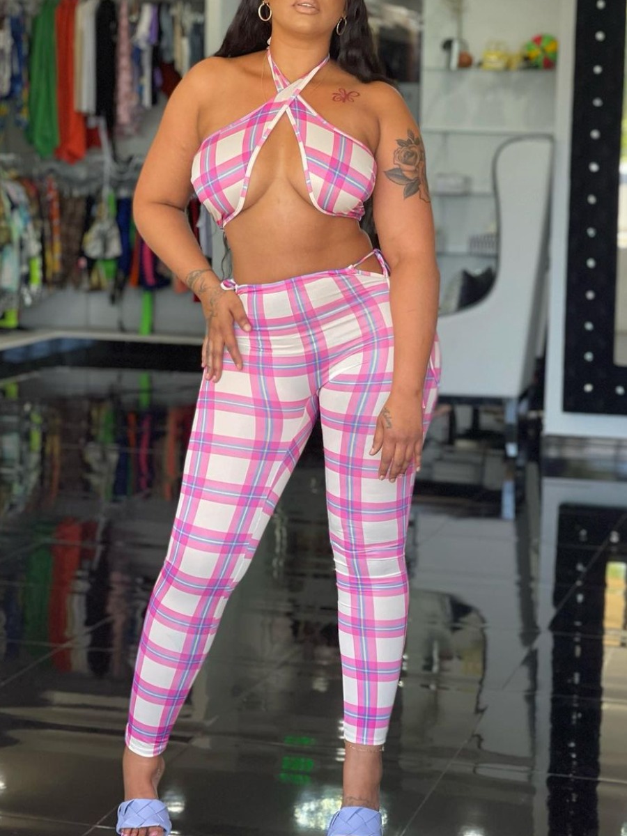 LW Bandage Design Plaid Skinny Two-piece Pants Set