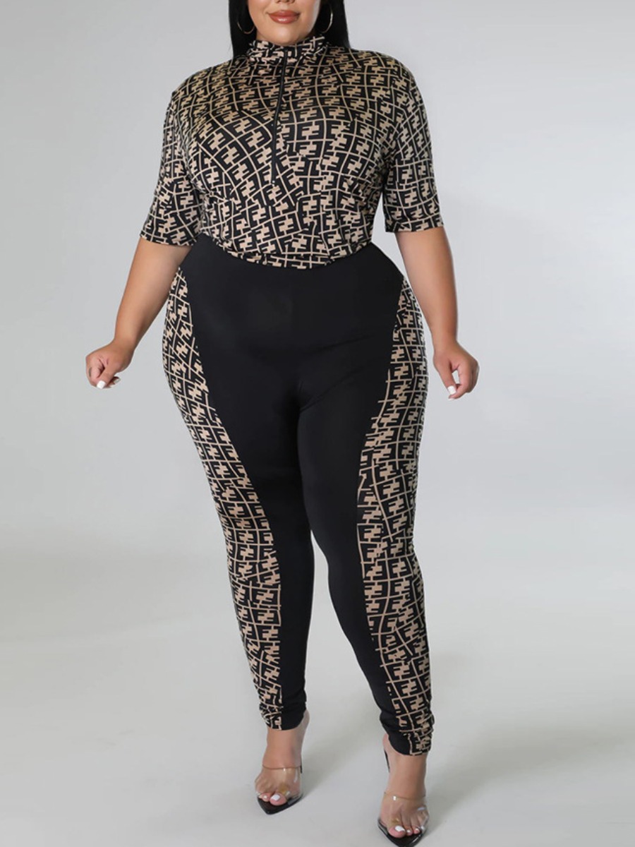 LW Plus Size Geometric Print Zipper Design Pants Set