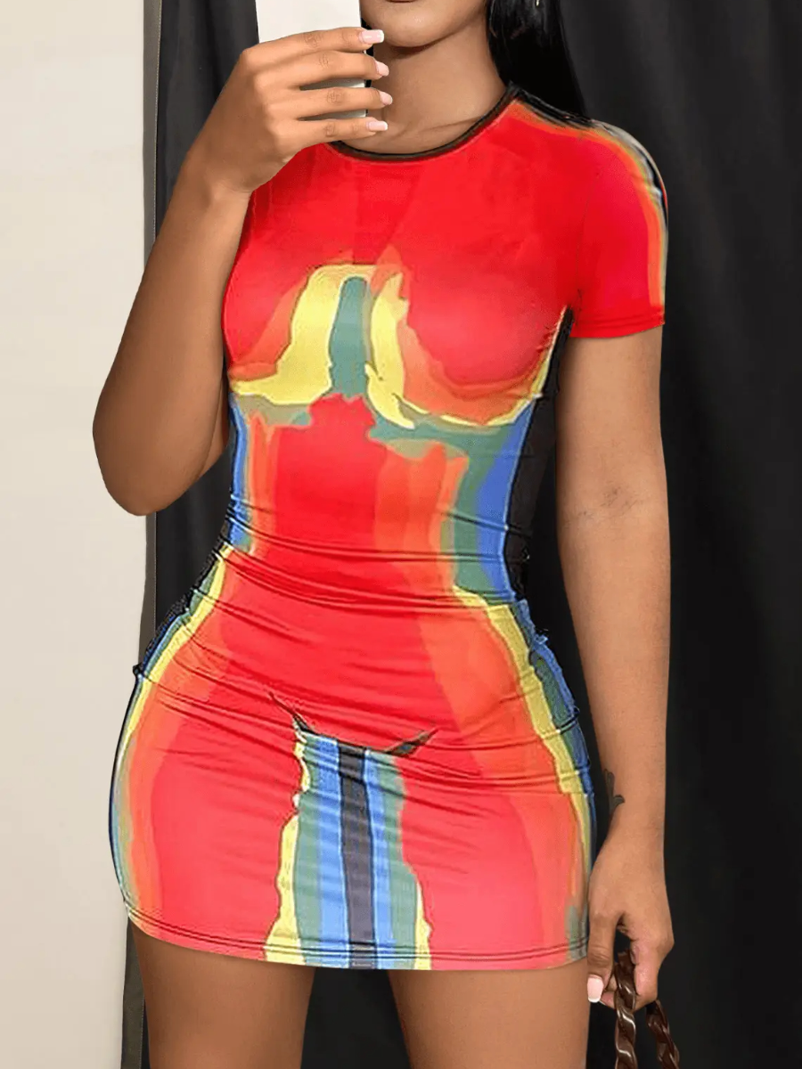 LW SXY Round Neck Body Heat Print Bodycon Dress
