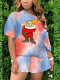 LW Cartoon Print Tie Dye Drawstring Shorts Set