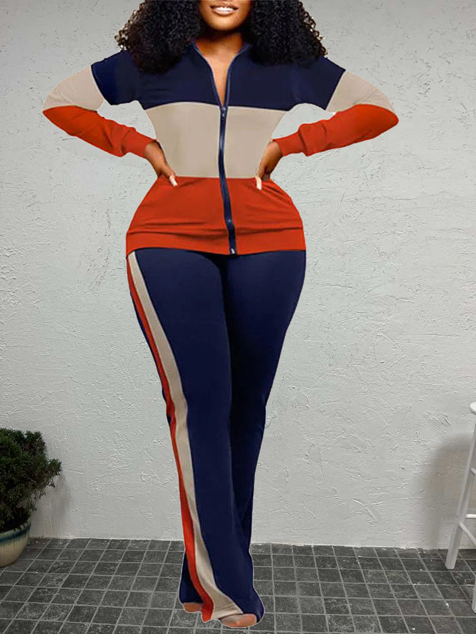 LovelyWholesale Plus Size Striped Patchwork Regular Fit Pants Set Fall Long Sleeve Casual Patchwork Turndown Collar  3X Spring Summer 2024