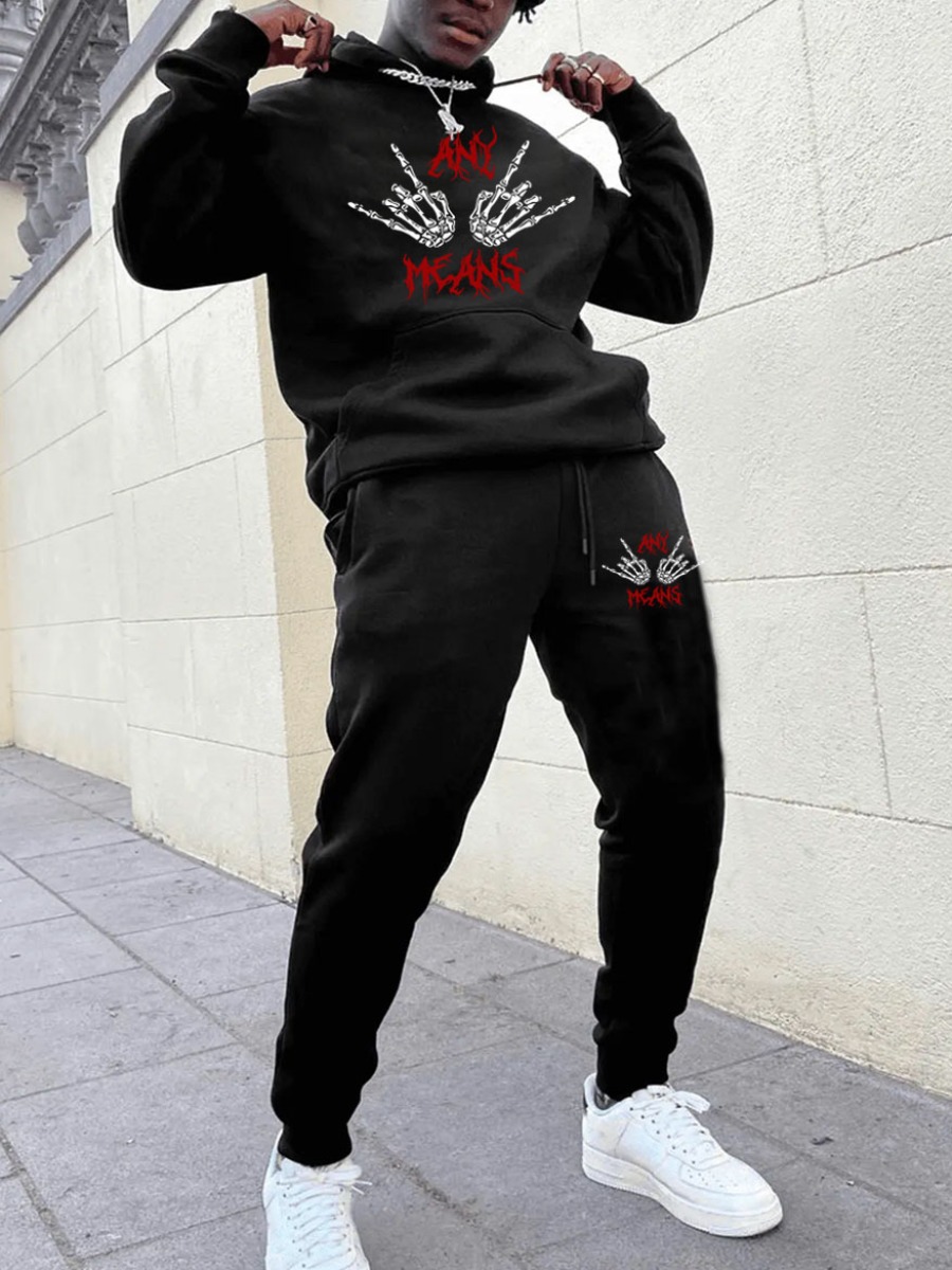 LW Men Skeleton Letter Print Kangaroo Pocket Tracksuit Set