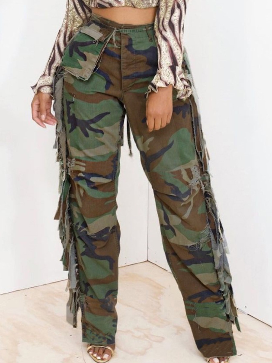 LW Camo Print Tassel Design Pocket Design Pants