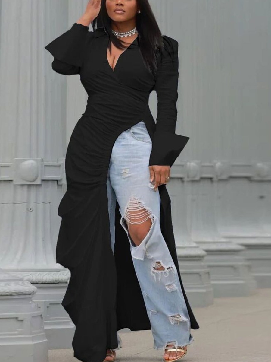 LW Plus Size V Neck Ruched High Split Dress