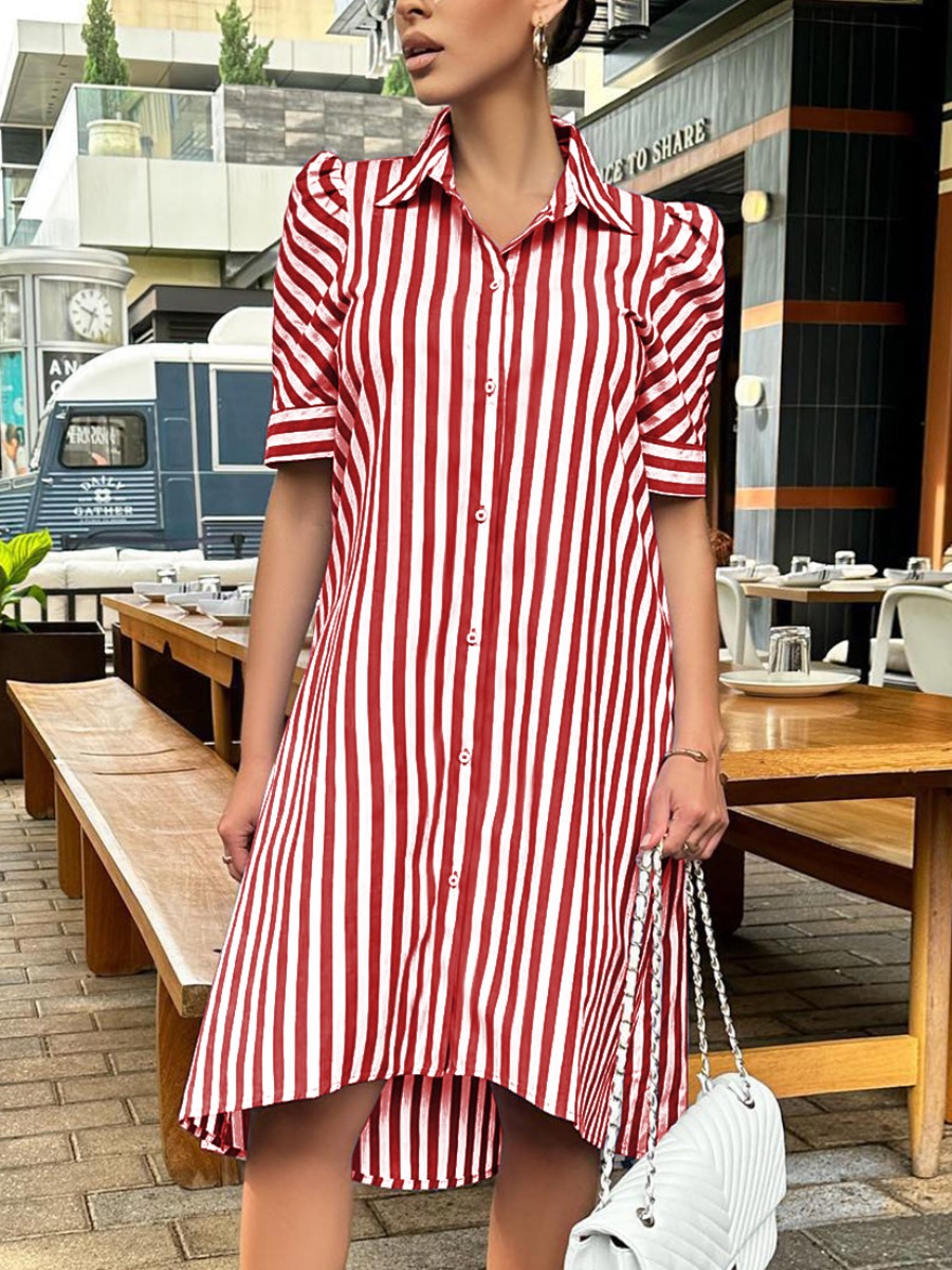 LovelyWholesale Puff Sleeve Striped Shirt Dress Summer Half Sleeve Vacation Cardigan Shirt collar Spring Summer 2024