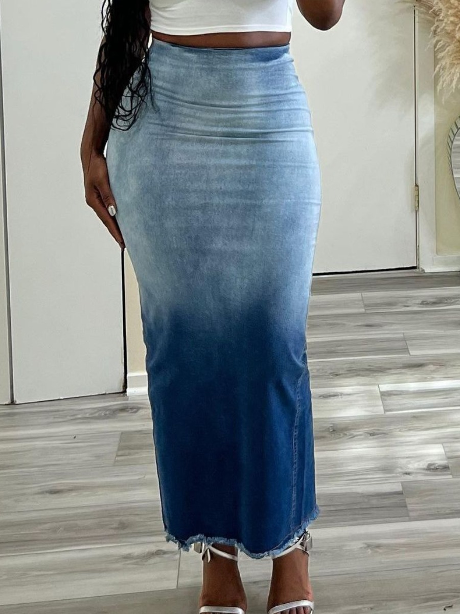 LovelyWholesale High Split Gradient Raw Edge Skirt Summer Nine Points Sleeve Casual High Split V Neck Spring Summer 2024