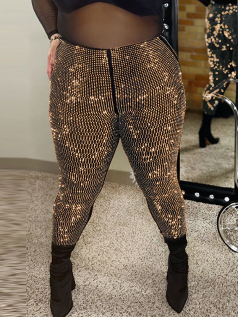 LW Plus Size Mid Waist Zipper Design Sequined Pants 1X