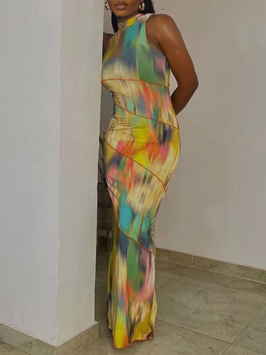 LovelyWholesale Tie Dye Line Stitching Bodycon Dress Summer Sleeveless Vacation Vests Round Neck Spring Summer 2024