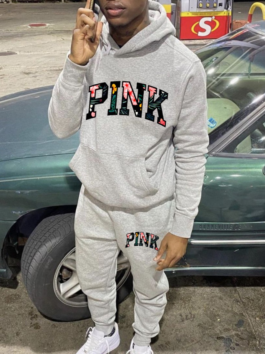 LW Men Floral Letter Print Kangaroo Pocket Tracksuit Set