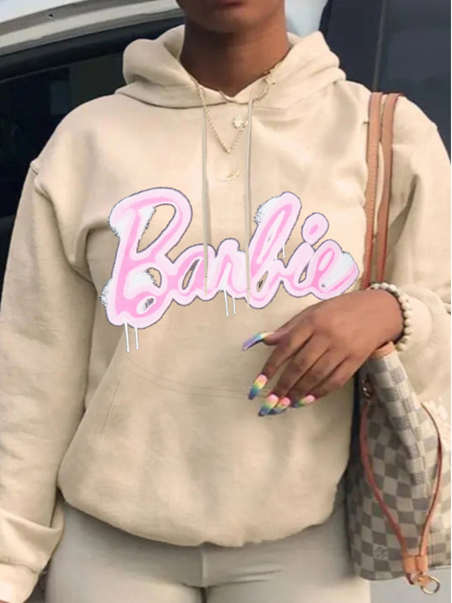 LW Drawstring Kangaroo Pocket Pink Letter Print Ho