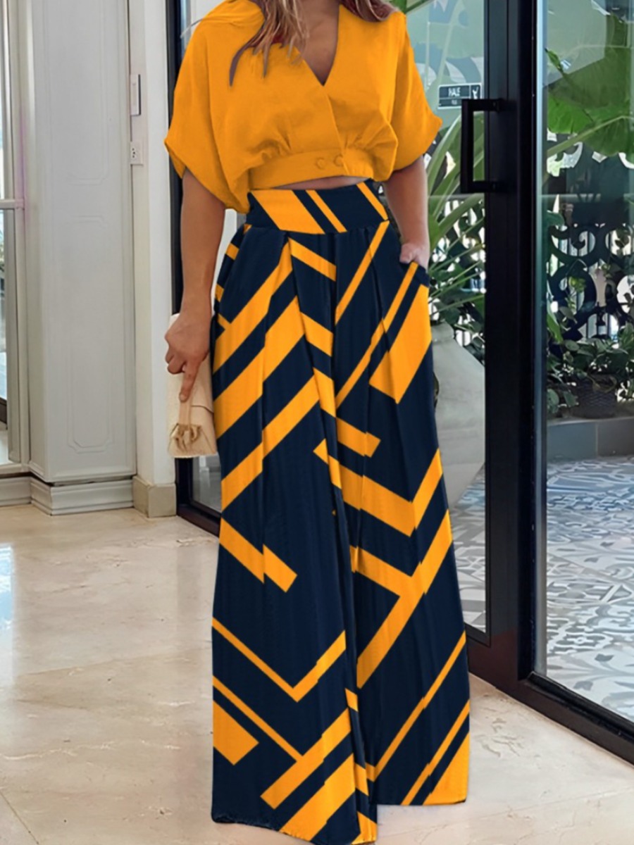 LW Plus Size Crop Top Geometric Print Wide Leg Pants Set