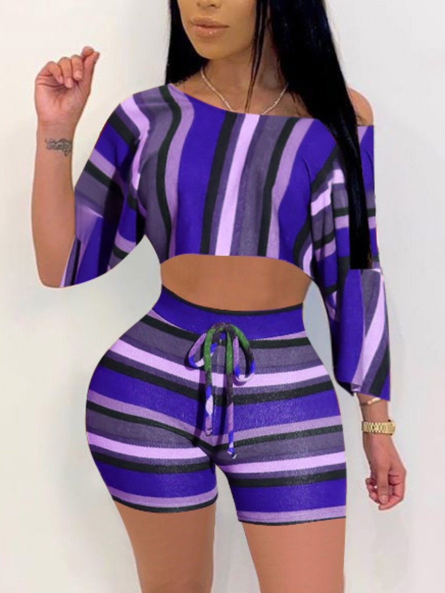 LW Plus Size Striped Crop Top Drawstring Shorts Se