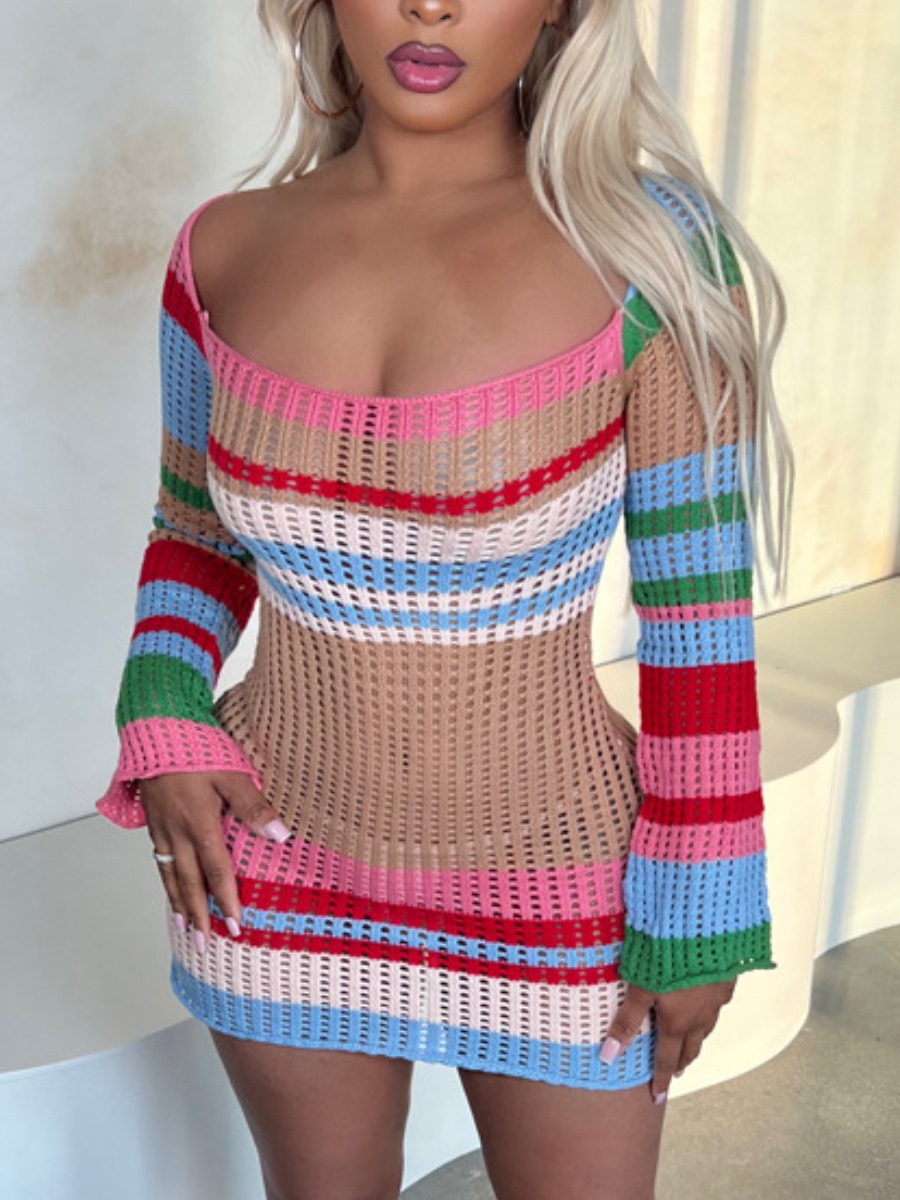 LW Handmade Off The Shoulder Mesh Striped Dress
