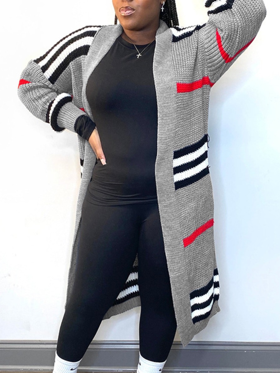 LovelyWholesale Plus Size Dropped Shoulder Striped Loose Cardigan Fall|Winter Long Sleeve Casual Pattern V Neck  4X Spring Summer 2024