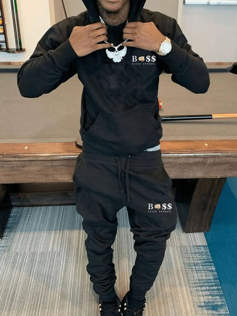 LW Men Letter Print Kangaroo Pocket Tracksuit Set