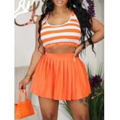 LW COTTON Crop Top Striped Pleated Skirt Set