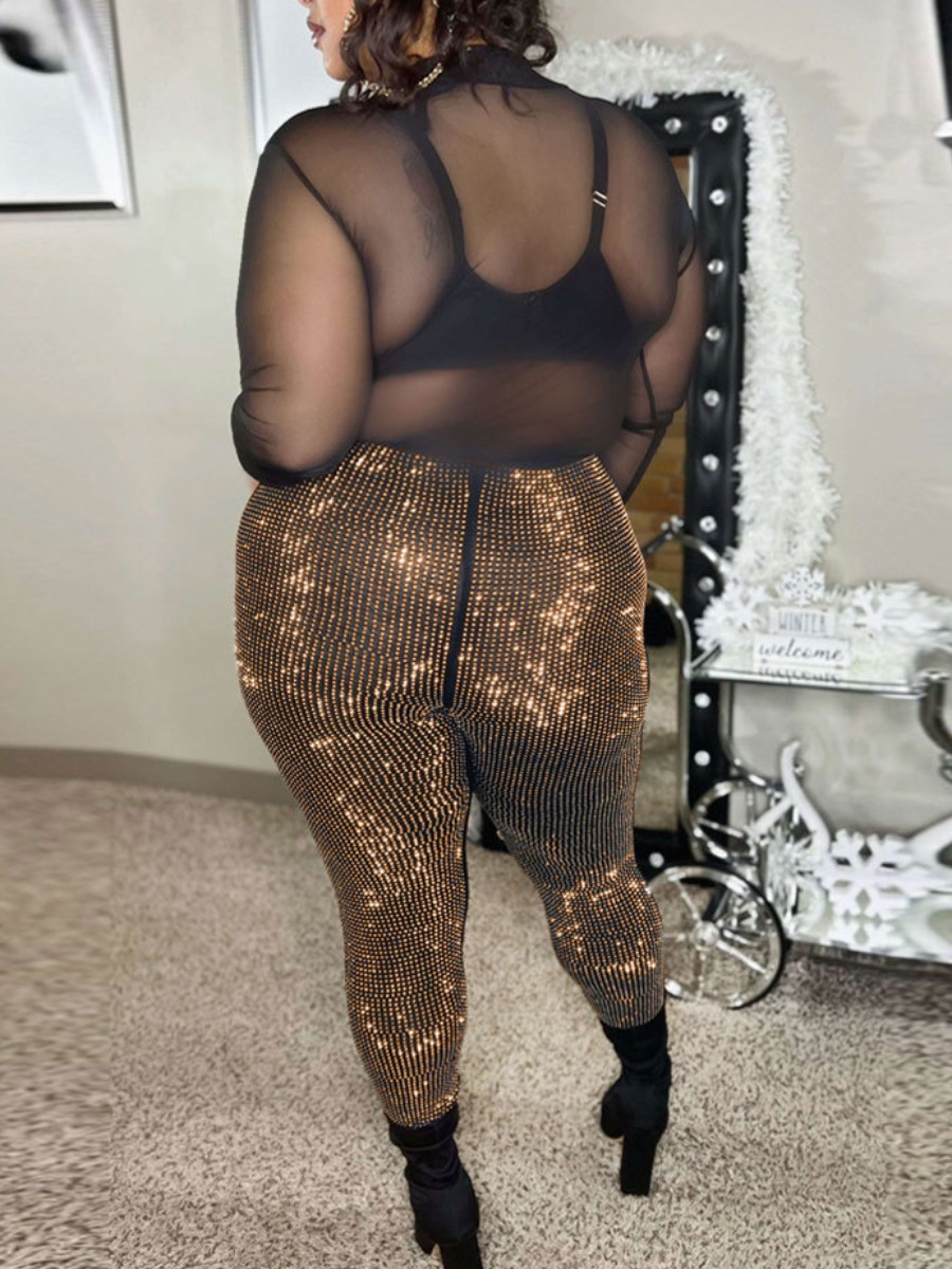 LW Plus Size Mid Waist Zipper Design Sequined Pants 1X