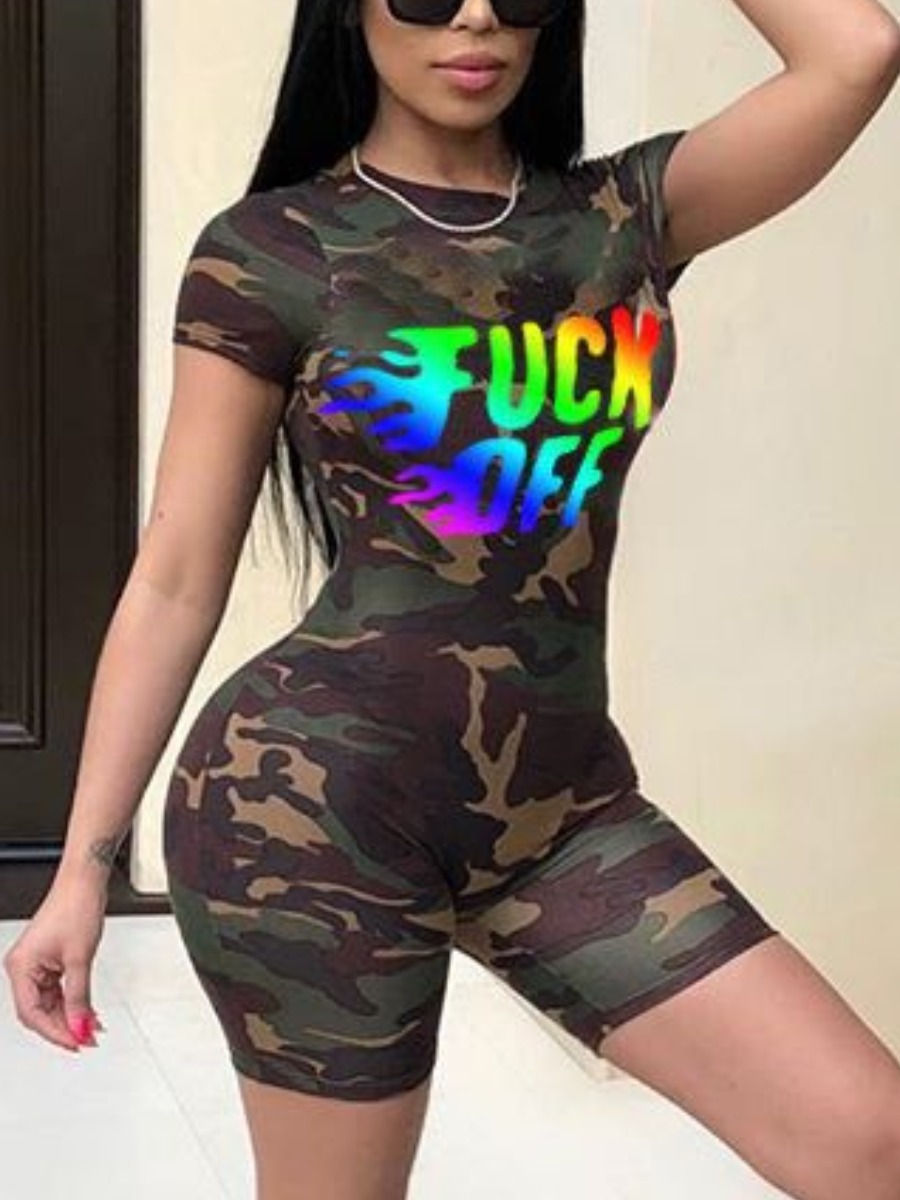 LW Plus Size Gradient Letter Camo Print Shorts Set Sale LovelyWholesale