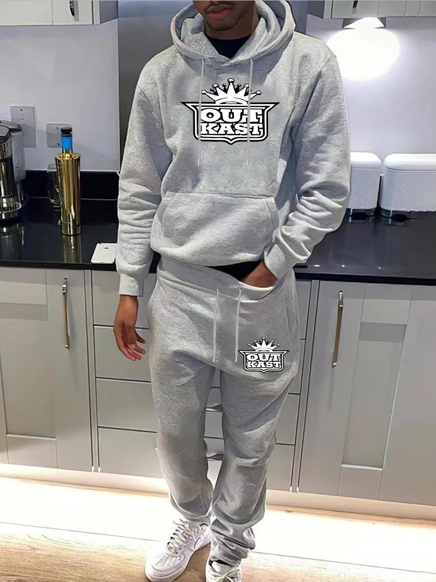 LW Men Crown Letter Print Kangaroo Pocket Tracksuit Set