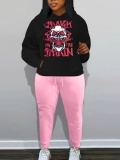 LW Plus Size Skull Head Letter Print Kangaroo Pocket Tracksuit Set