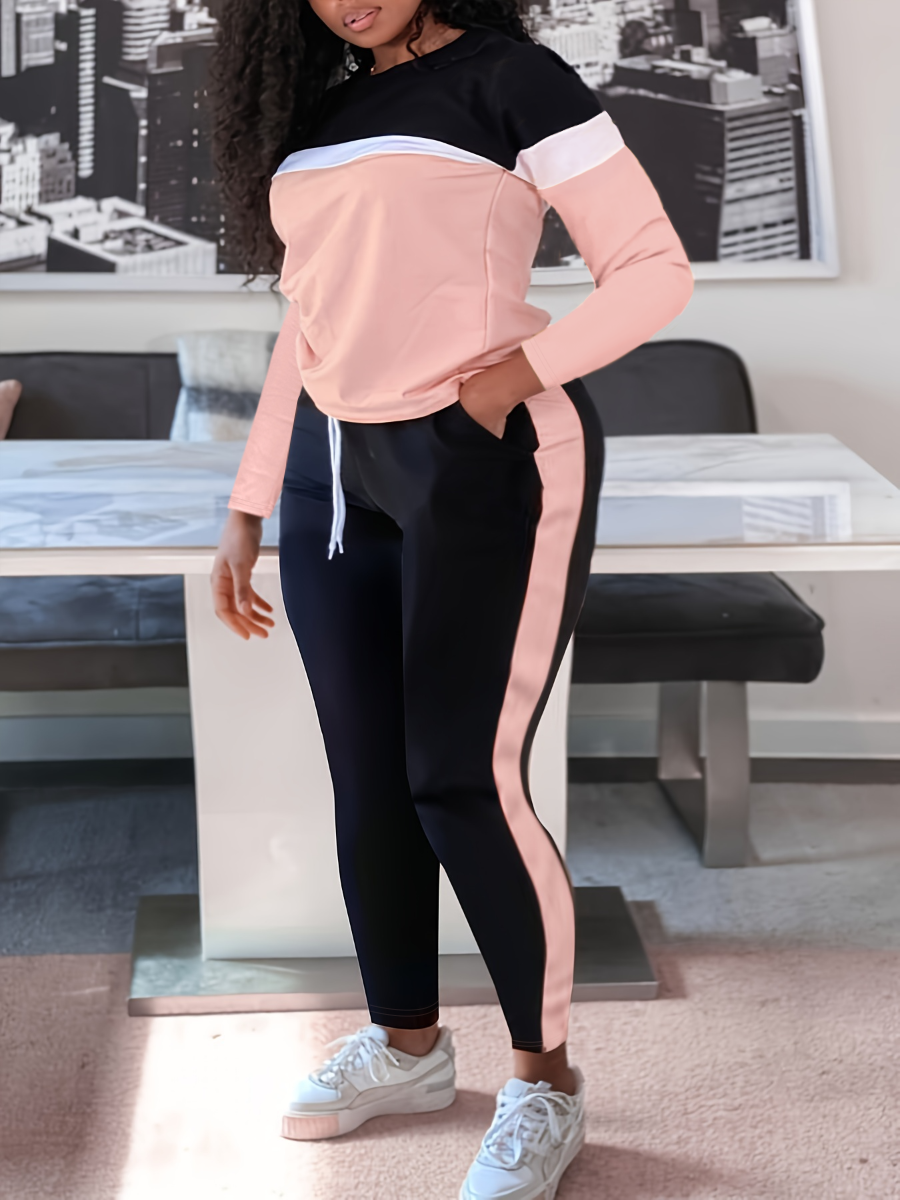LW Plus Size Striped Patchwork Drawstring Pants Set