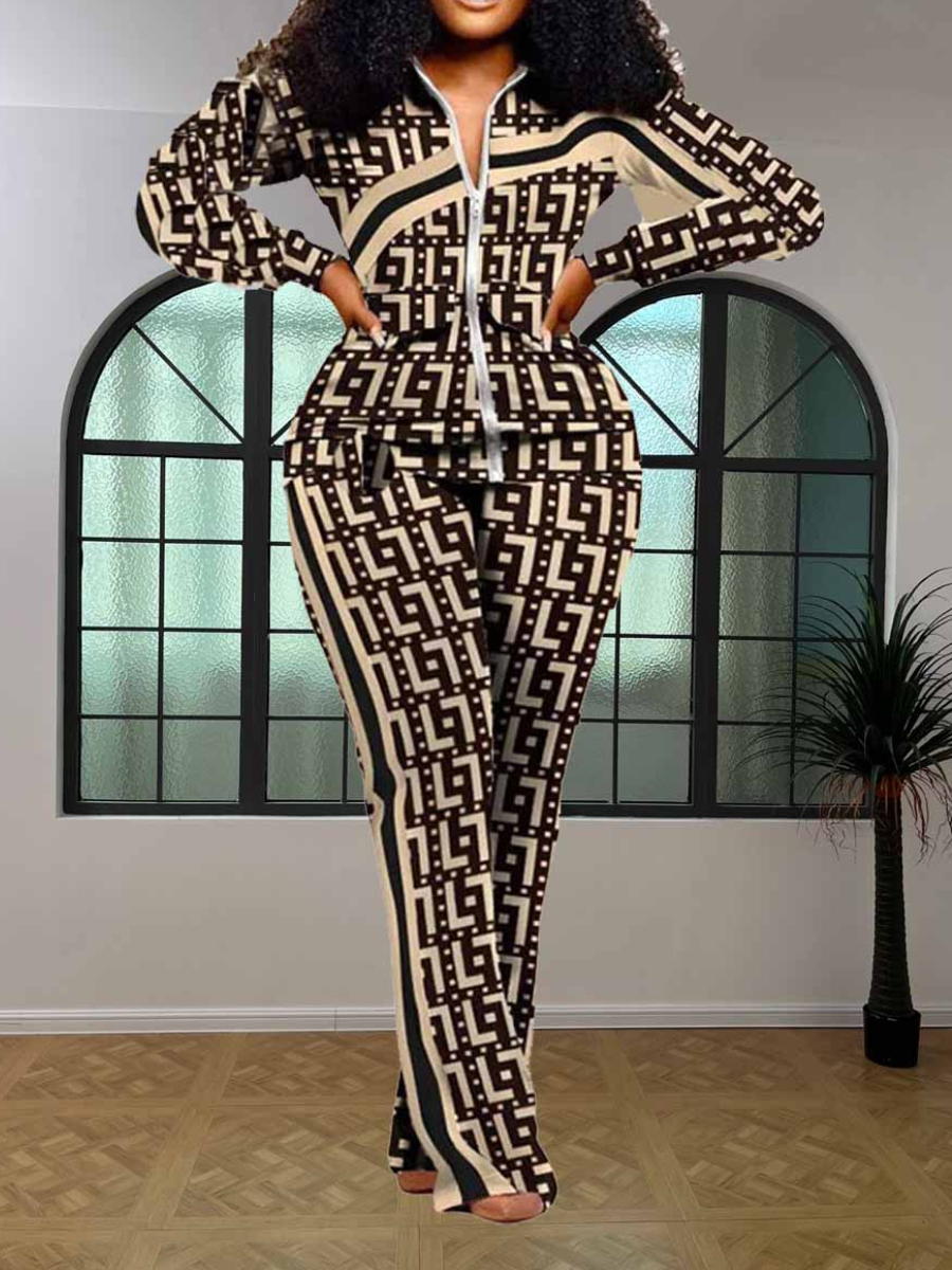 LW Plus Size Geometric Print Striped Zipper Design Pants Set
