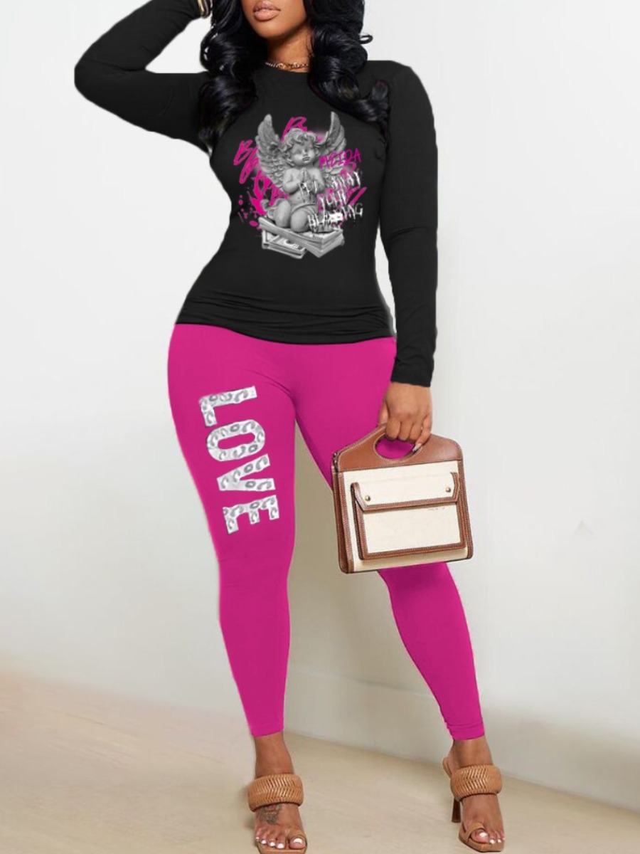 LW Pattern Print Letter Skinny Two-piece Pants Set