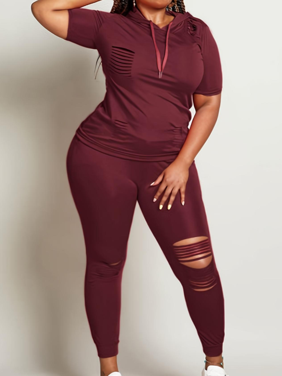 LW Plus Size Hooded Collar Ripped Pants Set