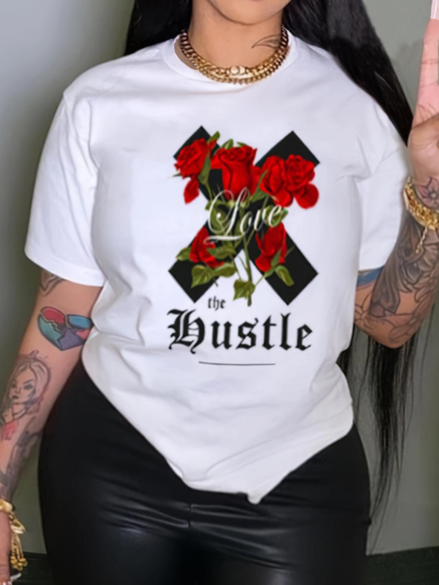 LW COTTON Plus Size Floral Letter Print T-shirt