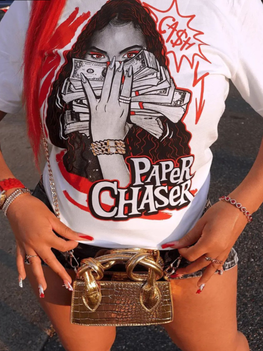 LovelyWholesale Plus Size Figure Money Letter Print T-shirt Summer Short Sleeve Casual Pattern Round Neck  5X Spring Summer 2024