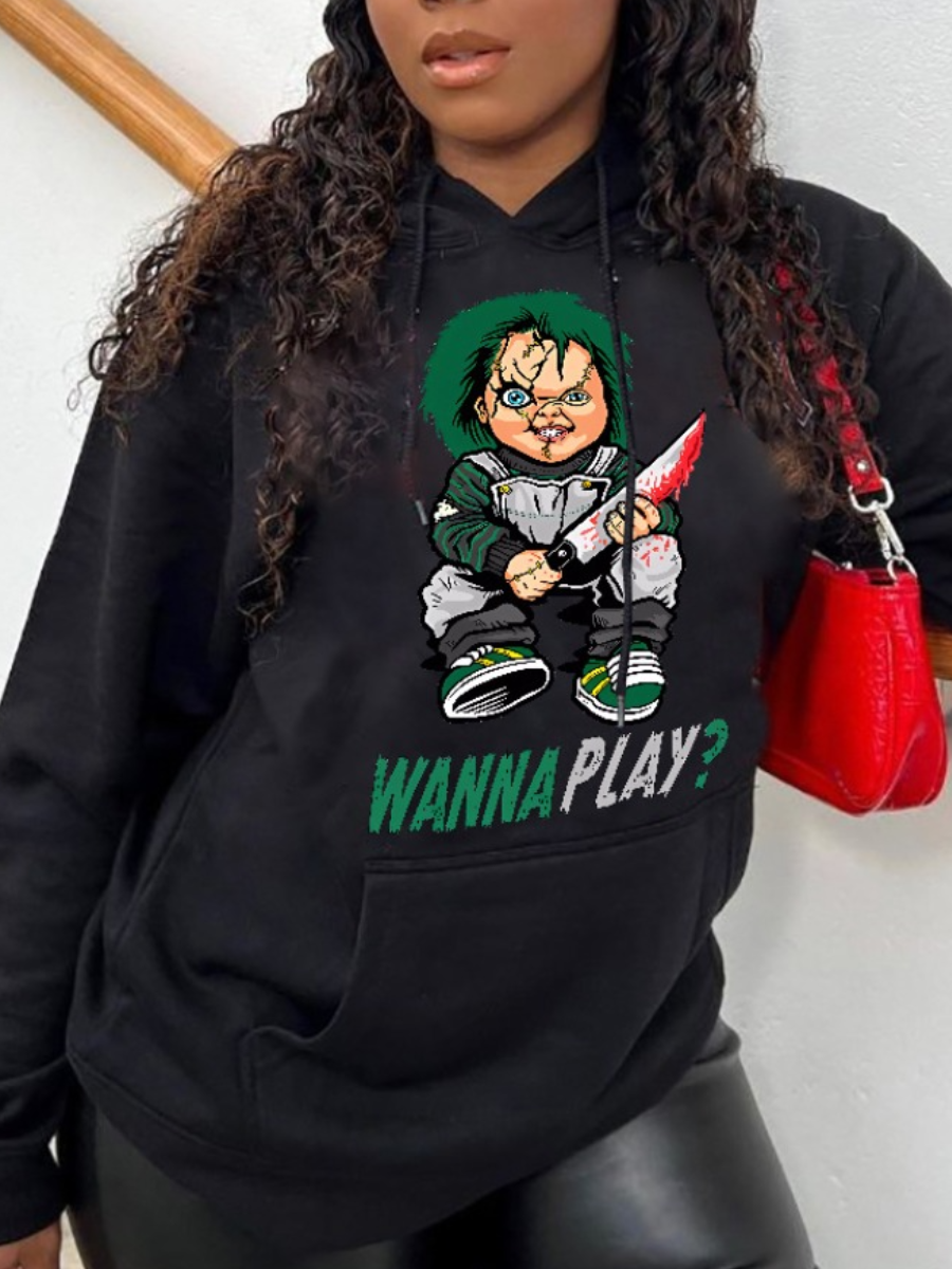 LovelyWholesale Plus Size Cartoon Letter Print Kangaroo Pocket Hoodie Fall Long Sleeve Casual Hooded Collar  5X Spring Summer 2024